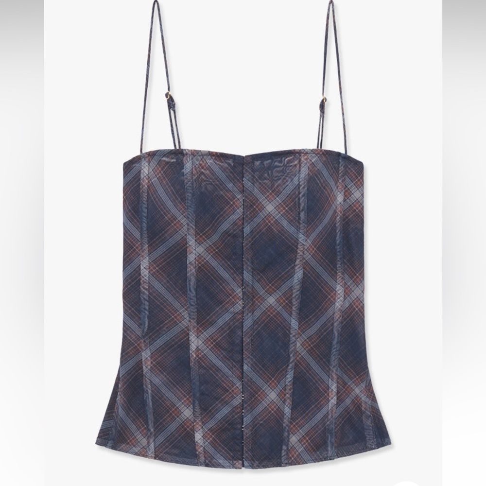 We Wore What mesh diagonal plaid peplum corset top